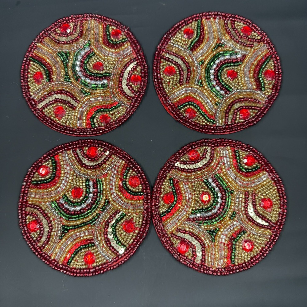 Mackenzie Childs Set of 4 Savoy Holiday Beaded Coasters Red‎ Green Gold